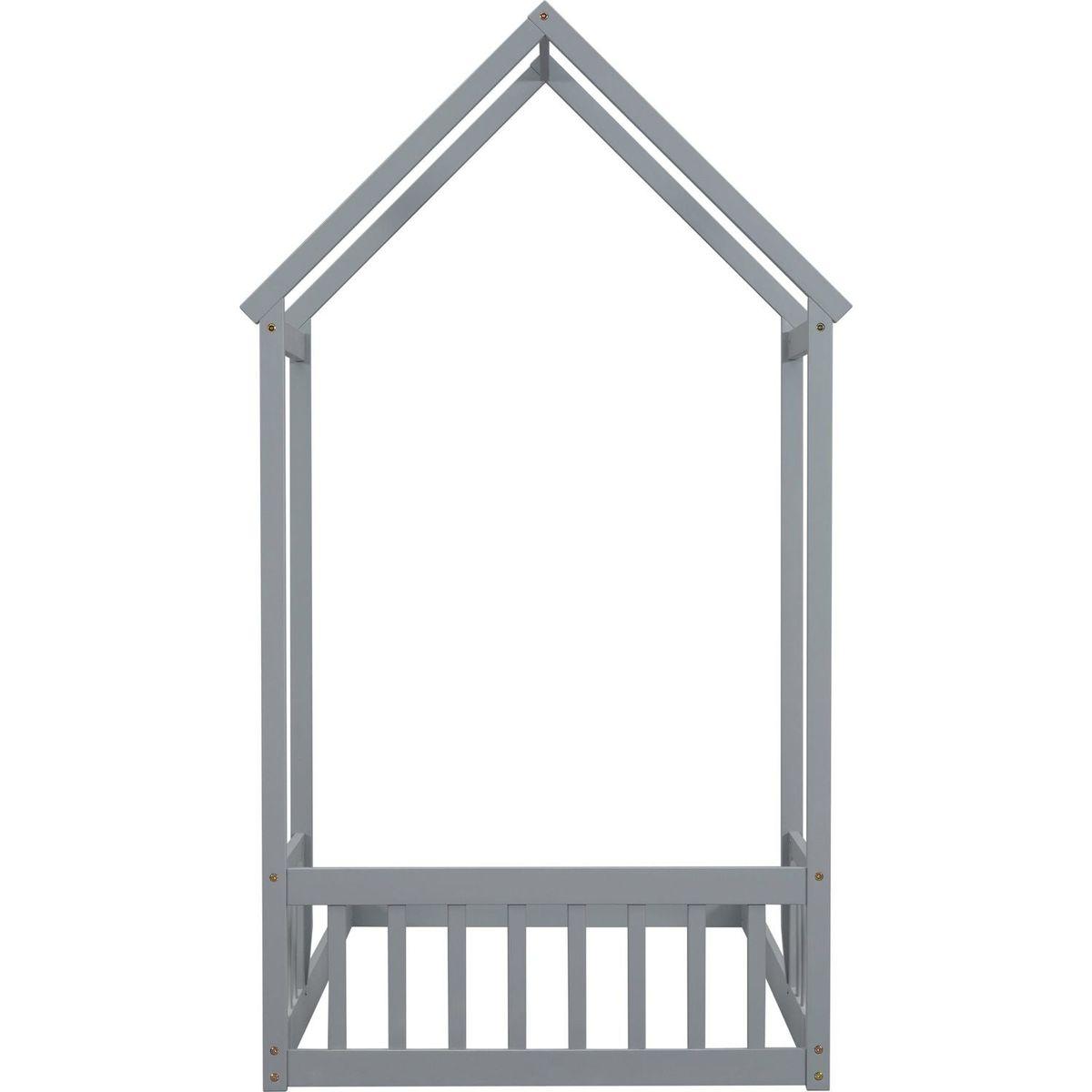 Twin House-shaped Roof Headboard Floor Bed,,(without slats),Grey