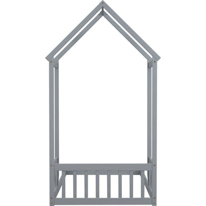Twin House-shaped Roof Headboard Floor Bed,,(without slats),Grey