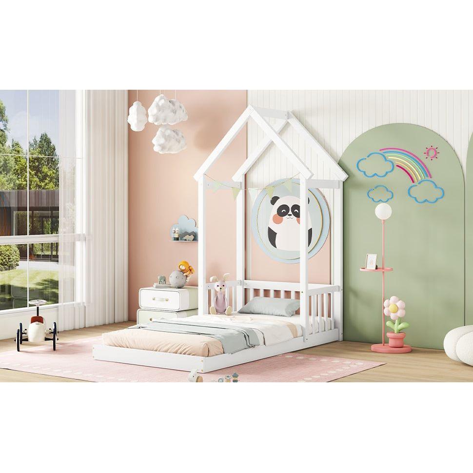 Twin House-shaped Roof Headboard Floor Bed,,(without slats),White