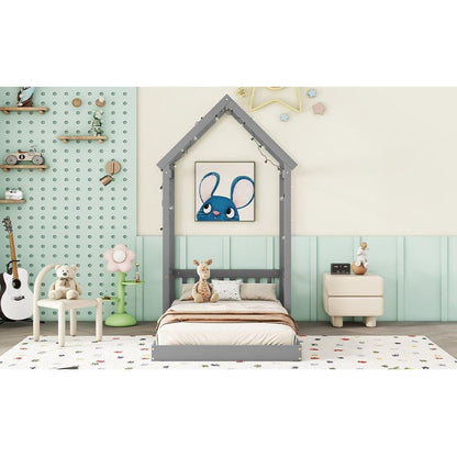 Twin House-shaped Roof Headboard Floor Bed,,(without slats),Grey