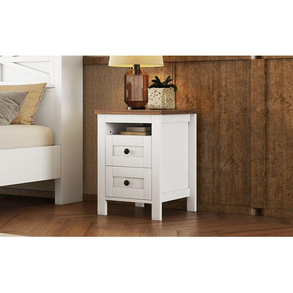 2-Drawer Farmhouse Wooden Nightstand with Well-proportioned Design and Sleek Lines, Wood Side Table with Storage Cabinet for Bedroom, White+Brown