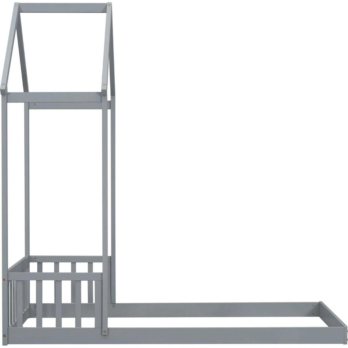 Twin House-shaped Roof Headboard Floor Bed,,(without slats),Grey