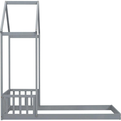 Twin House-shaped Roof Headboard Floor Bed,,(without slats),Grey