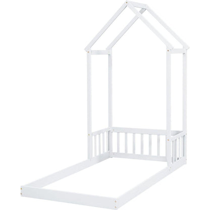 Twin House-shaped Roof Headboard Floor Bed,,(without slats),White