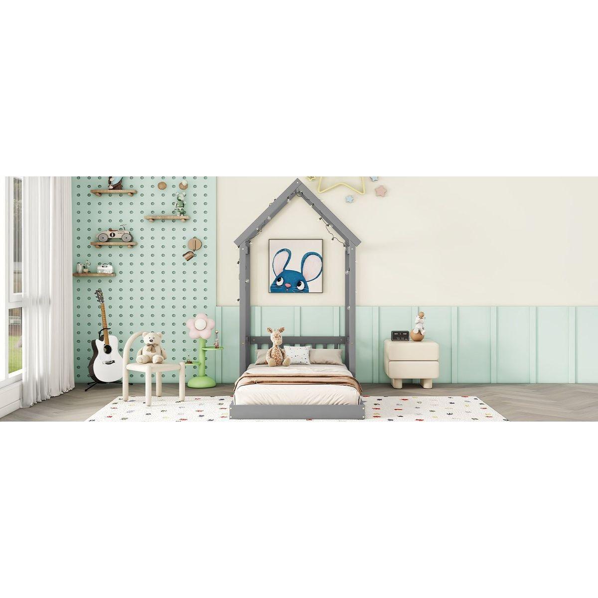 Twin House-shaped Roof Headboard Floor Bed,,(without slats),Grey
