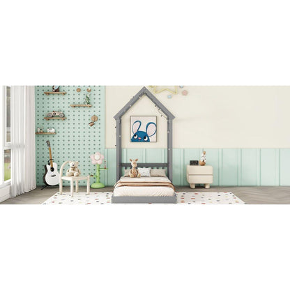Twin House-shaped Roof Headboard Floor Bed,,(without slats),Grey