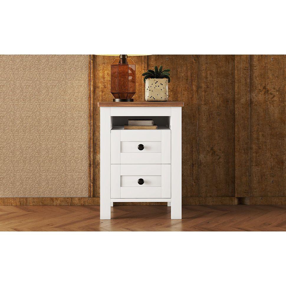 2-Drawer Farmhouse Wooden Nightstand with Well-proportioned Design and Sleek Lines, Wood Side Table with Storage Cabinet for Bedroom, White+Brown