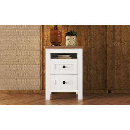 2-Drawer Farmhouse Wooden Nightstand with Well-proportioned Design and Sleek Lines, Wood Side Table with Storage Cabinet for Bedroom, White+Brown