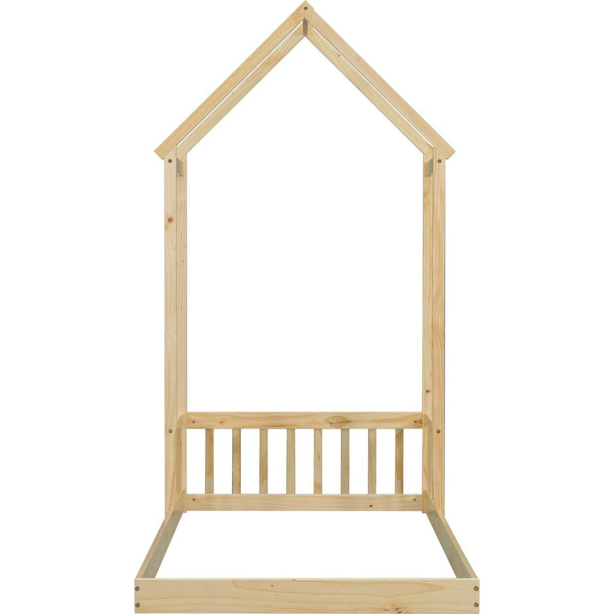 Twin House-shaped Roof Headboard Floor Bed,,(without slats),Natural