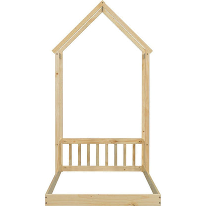 Twin House-shaped Roof Headboard Floor Bed,,(without slats),Natural