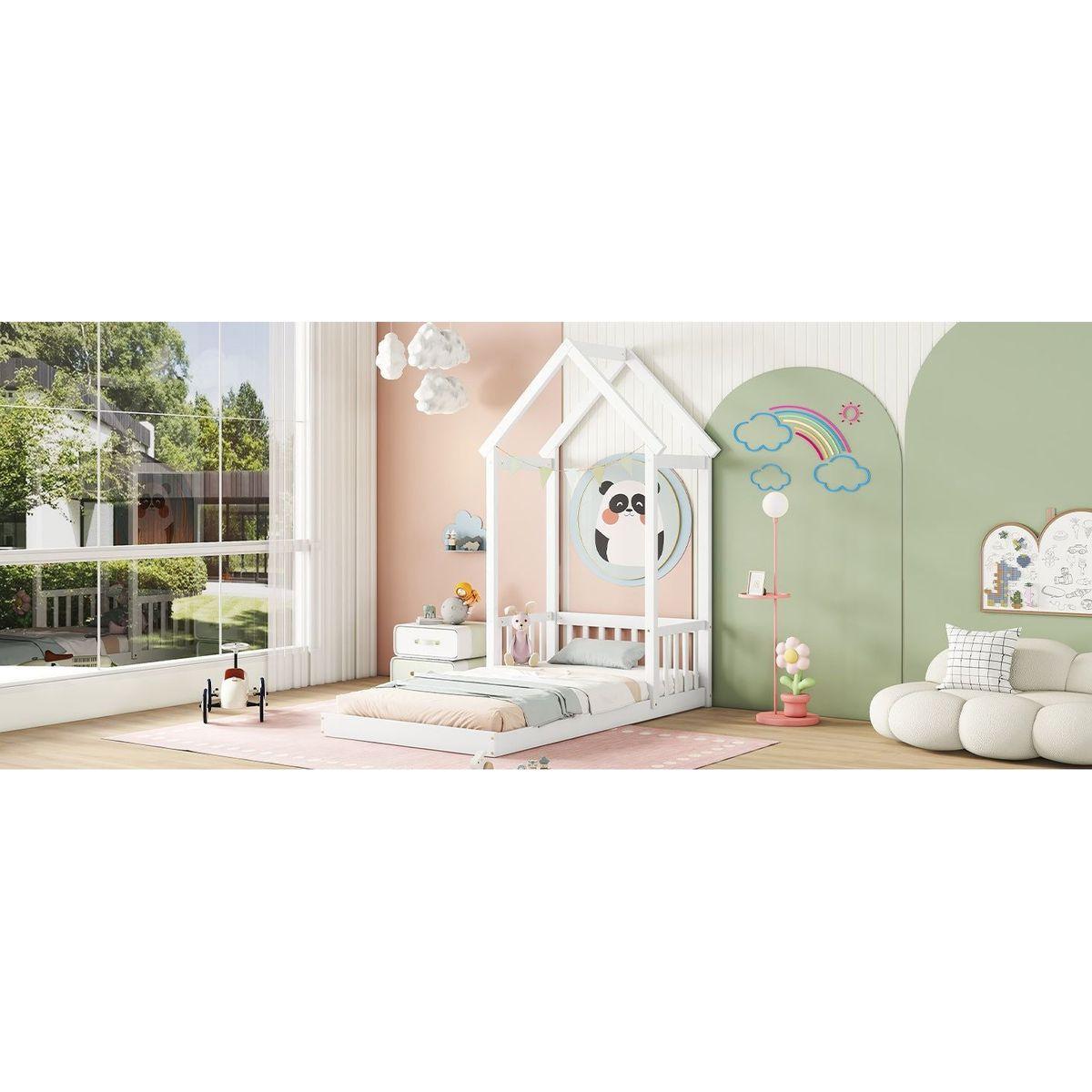 Twin House-shaped Roof Headboard Floor Bed,,(without slats),White