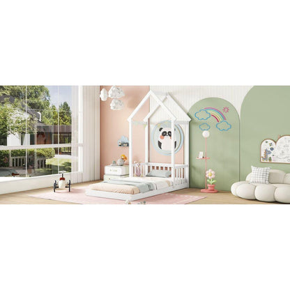 Twin House-shaped Roof Headboard Floor Bed,,(without slats),White