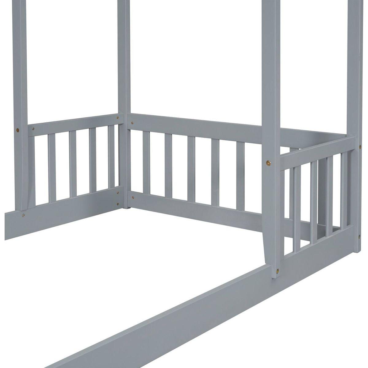 Twin House-shaped Roof Headboard Floor Bed,,(without slats),Grey