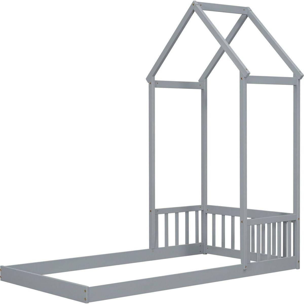 Twin House-shaped Roof Headboard Floor Bed,,(without slats),Grey