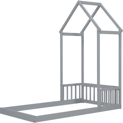 Twin House-shaped Roof Headboard Floor Bed,,(without slats),Grey