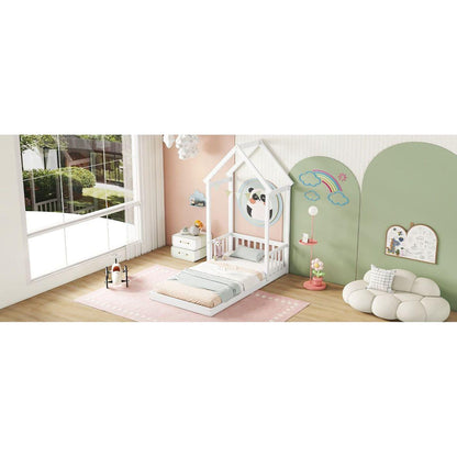 Twin House-shaped Roof Headboard Floor Bed,,(without slats),White