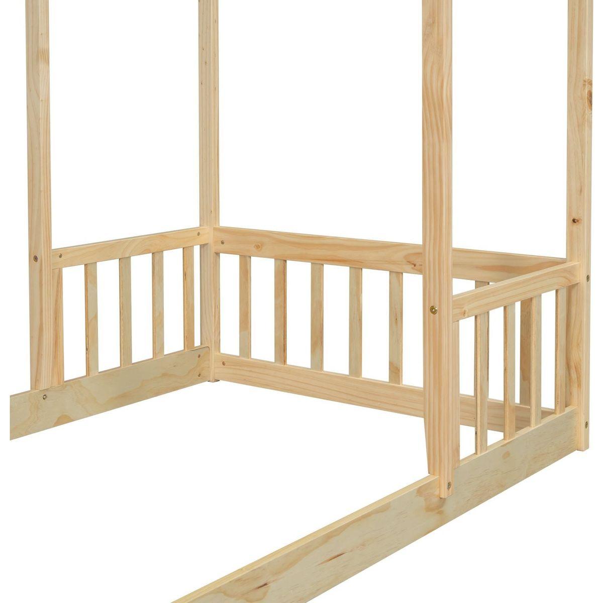 Twin House-shaped Roof Headboard Floor Bed,,(without slats),Natural