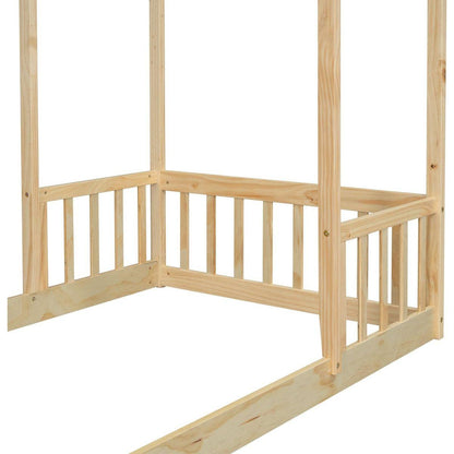 Twin House-shaped Roof Headboard Floor Bed,,(without slats),Natural