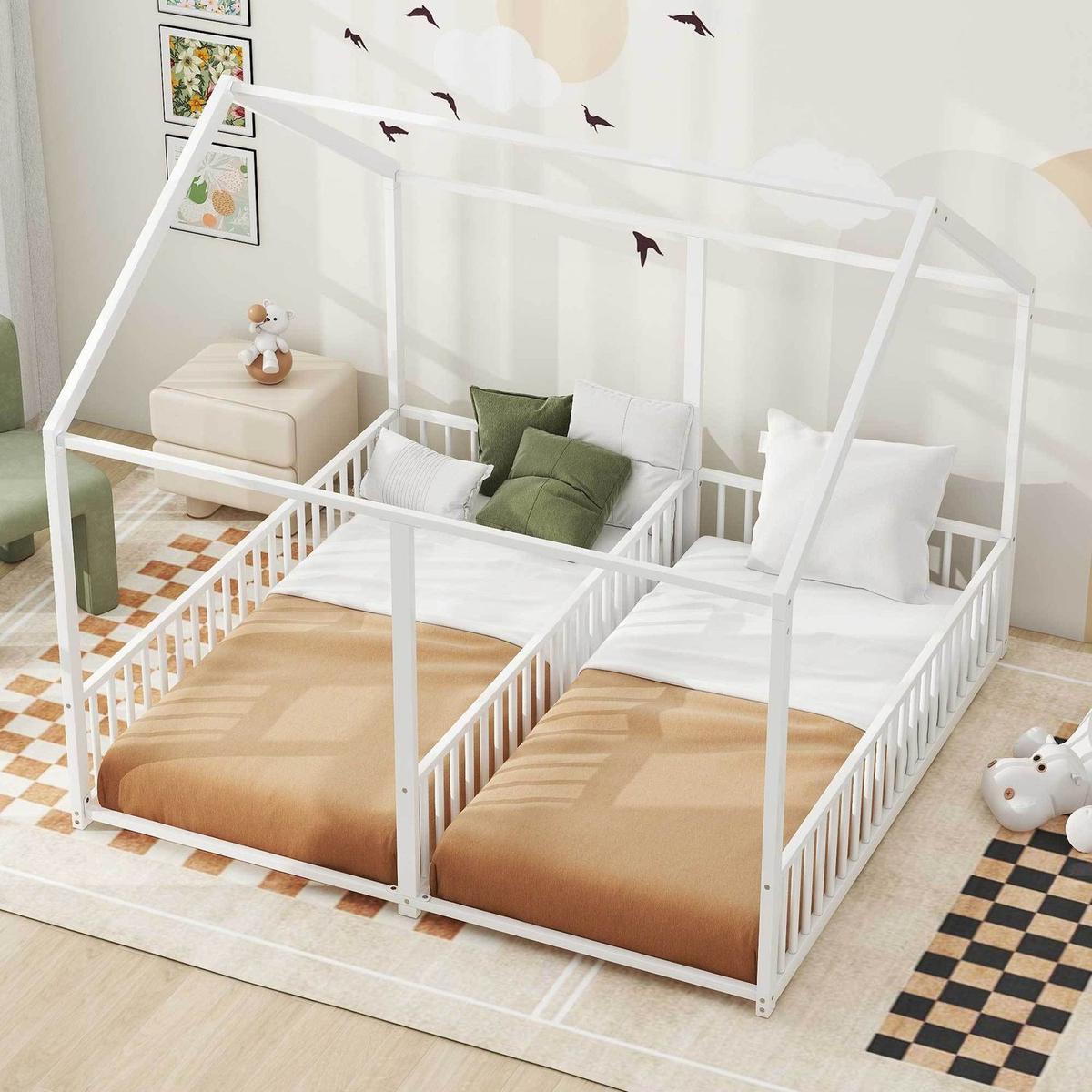 Metal Twin Size House Platform Beds, Two Shared Beds, White