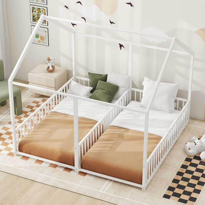 Metal Twin Size House Platform Beds, Two Shared Beds, White
