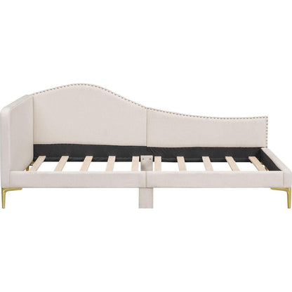 Twin Size Upholstered Daybed with Headboard and Armrest, Support Legs, Beige