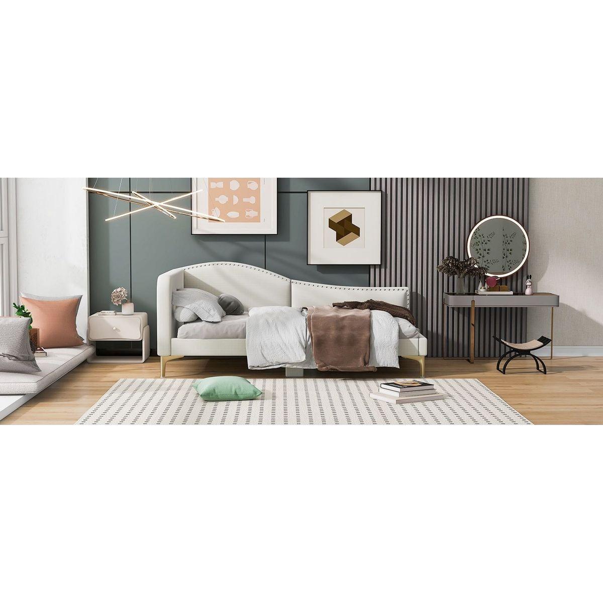 Twin Size Upholstered Daybed with Headboard and Armrest, Support Legs, Beige