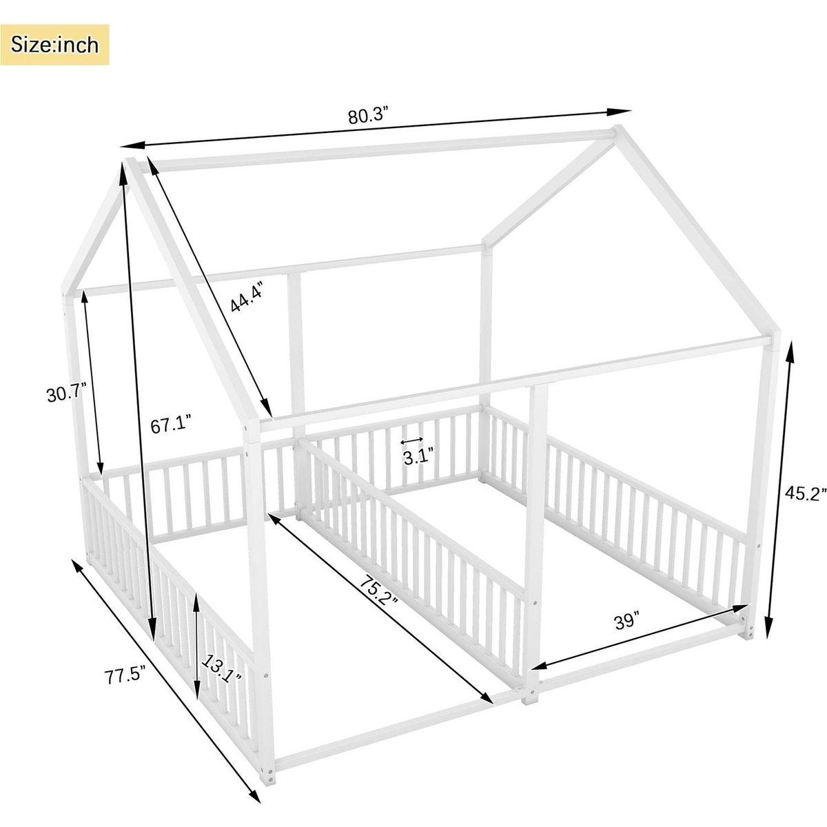 Metal Twin Size House Platform Beds, Two Shared Beds, White
