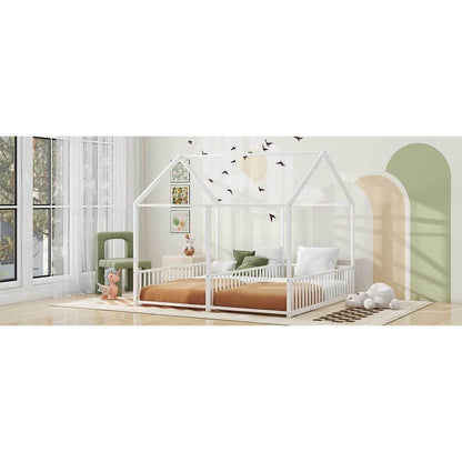 Metal Twin Size House Platform Beds, Two Shared Beds, White