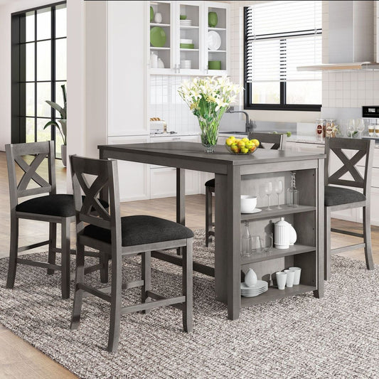 5 Pieces Counter Height Rustic Farmhouse Dining Room Wooden Bar Table Set with 4 Chairs, Gray