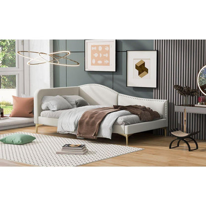 Twin Size Upholstered Daybed with Headboard and Armrest, Support Legs, Beige