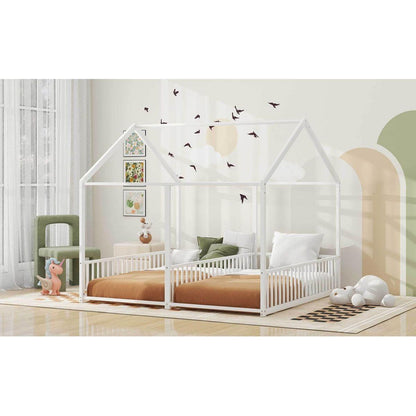 Metal Twin Size House Platform Beds, Two Shared Beds, White