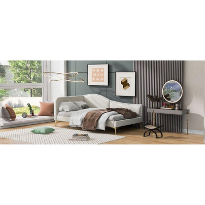 Twin Size Upholstered Daybed with Headboard and Armrest, Support Legs, Beige