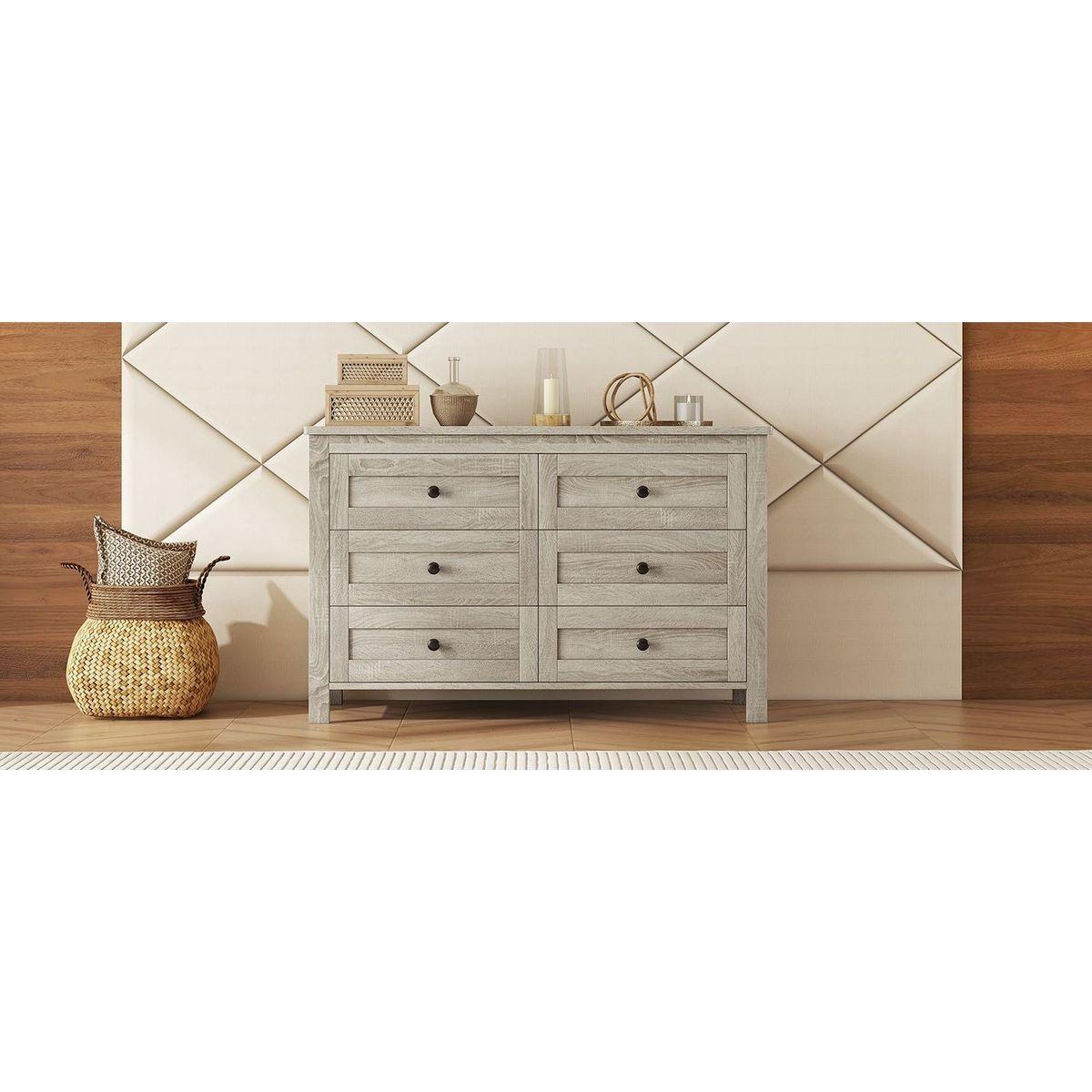 Retro Farmhouse Style Wooden Dresser with 6 Drawer, Storage Cabinet for Bedroom, Anitque Gray