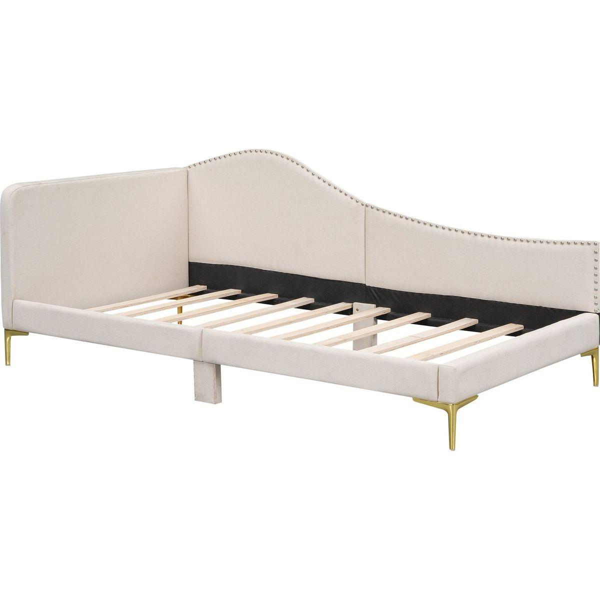 Twin Size Upholstered Daybed with Headboard and Armrest, Support Legs, Beige