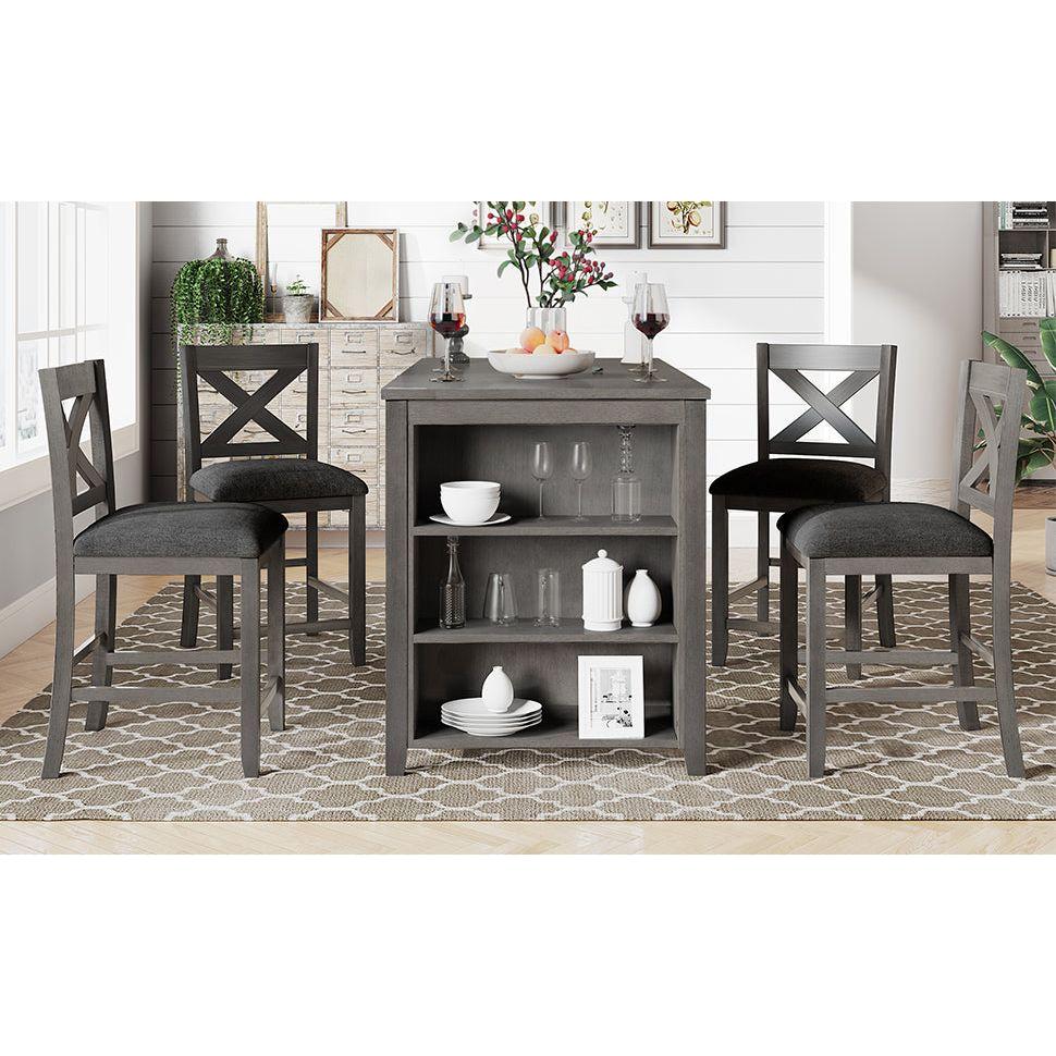5 Pieces Counter Height Rustic Farmhouse Dining Room Wooden Bar Table Set with 4 Chairs, Gray