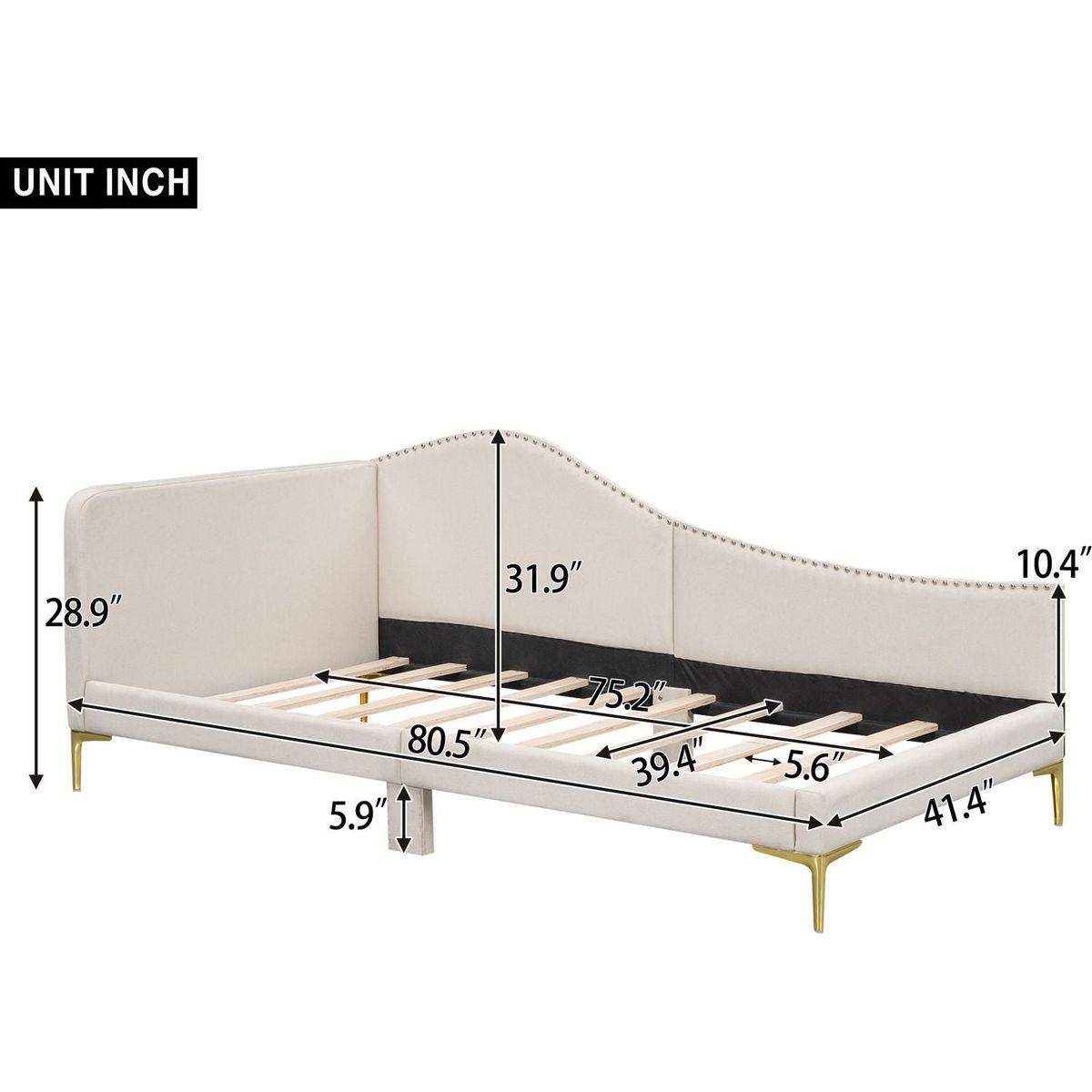 Twin Size Upholstered Daybed with Headboard and Armrest, Support Legs, Beige