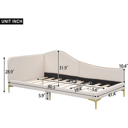 Twin Size Upholstered Daybed with Headboard and Armrest, Support Legs, Beige