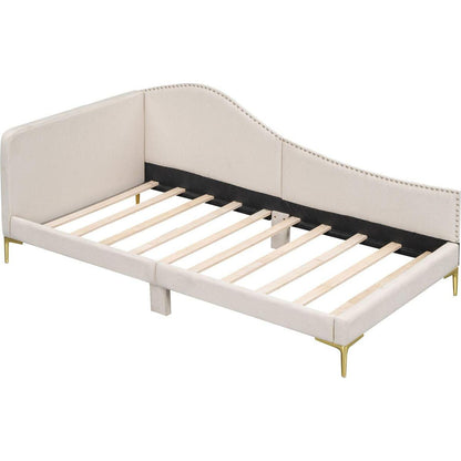 Twin Size Upholstered Daybed with Headboard and Armrest, Support Legs, Beige