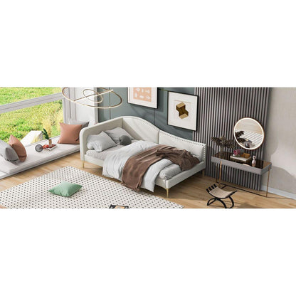 Twin Size Upholstered Daybed with Headboard and Armrest, Support Legs, Beige