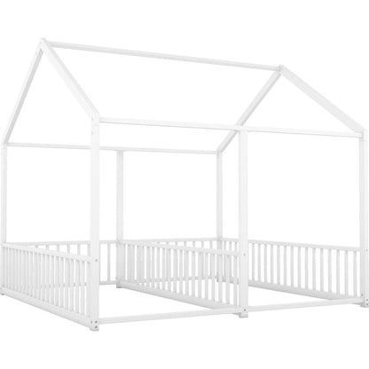 Metal Twin Size House Platform Beds, Two Shared Beds, White