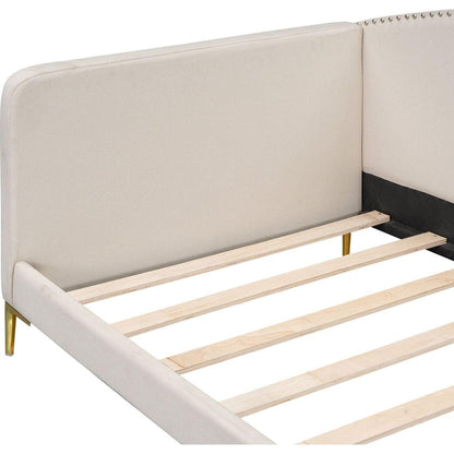 Twin Size Upholstered Daybed with Headboard and Armrest, Support Legs, Beige
