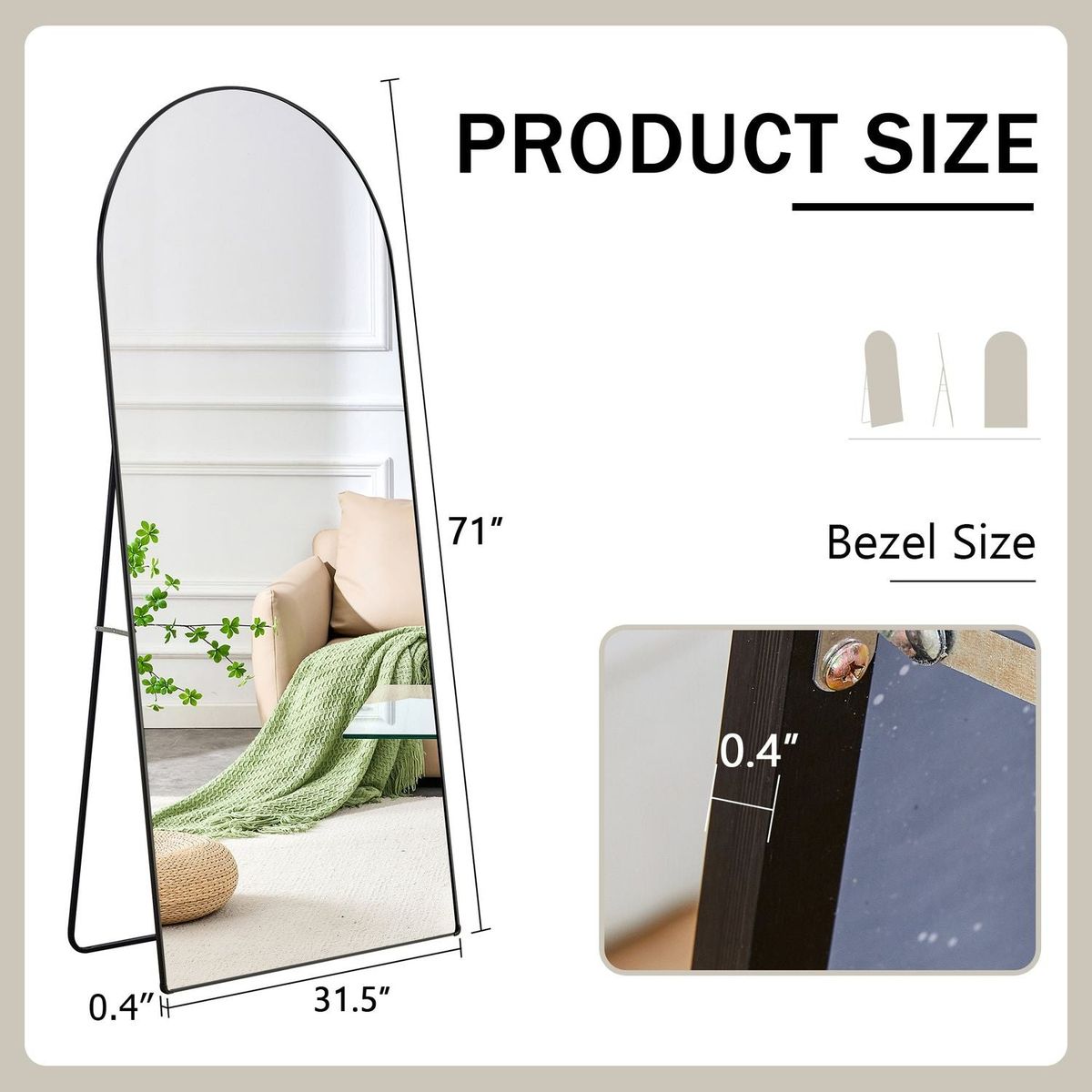 The 4th generation floor standing full-length rearview mirror. Black metal framed arched wall mirror, bathroom makeup mirror, floor standing mirror with bracket. Black 71 "x 31" AM