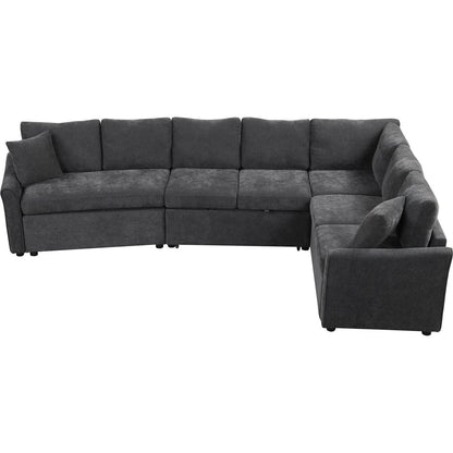 124.8"L-shaped Sofa Convertible Sofa Bed Pull Out Sofa Sleeper with Two Back Pillows, Two USB Ports and Two Power Sockets for Living Room, Gray