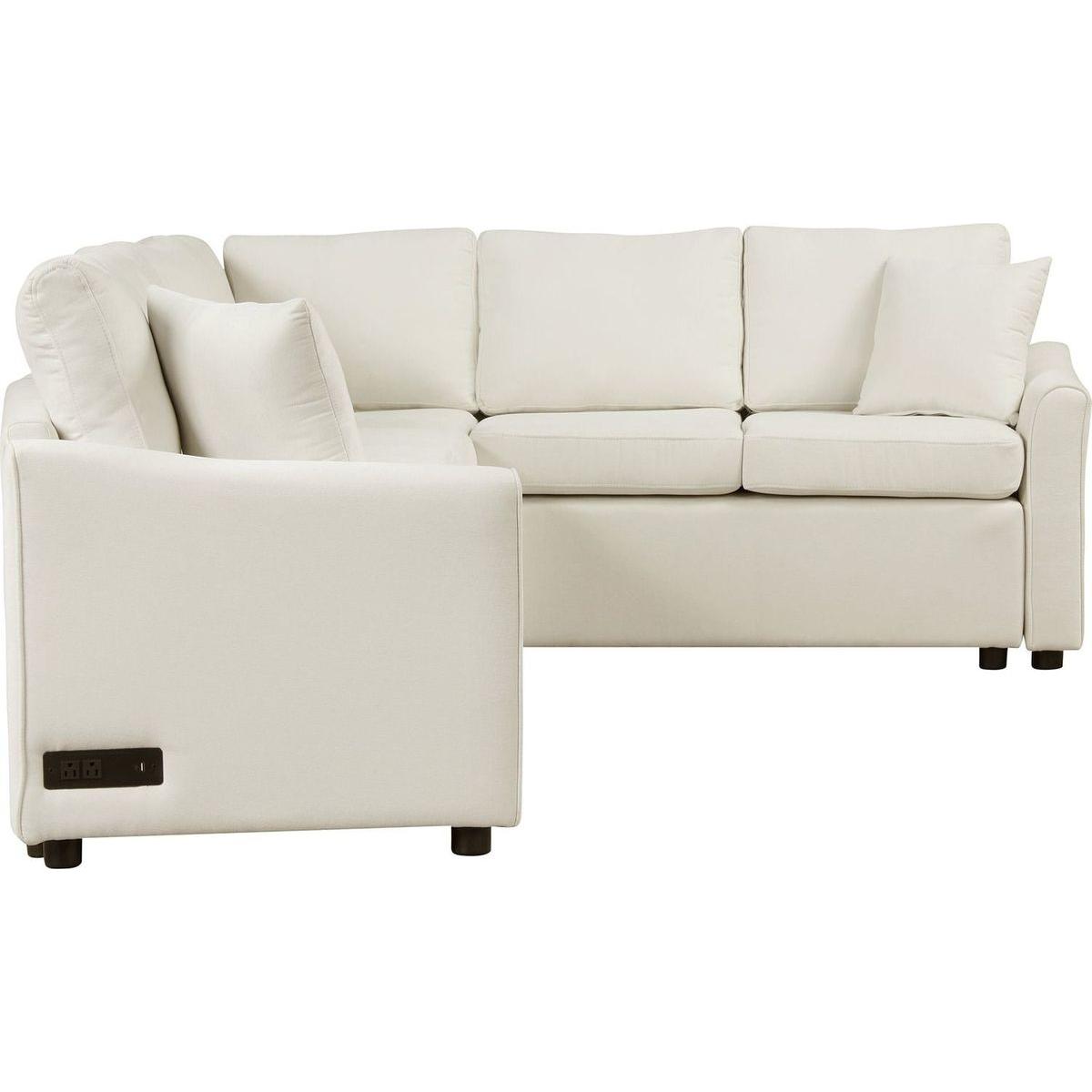 124.8"L-shaped Sofa Convertible Sofa Bed Pull Out Sofa Sleeper with Two Back Pillows, Two USB Ports and Two Power Sockets for Living Room, Beige