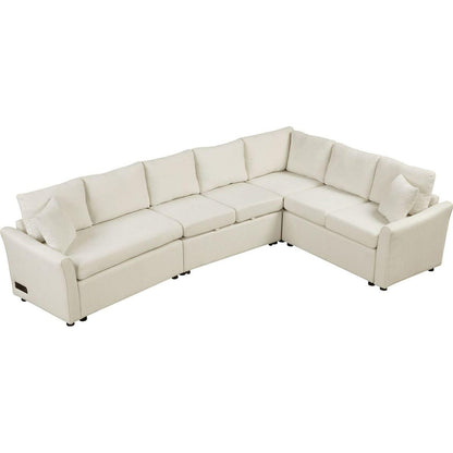 124.8"L-shaped Sofa Convertible Sofa Bed Pull Out Sofa Sleeper with Two Back Pillows, Two USB Ports and Two Power Sockets for Living Room, Beige