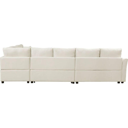 124.8"L-shaped Sofa Convertible Sofa Bed Pull Out Sofa Sleeper with Two Back Pillows, Two USB Ports and Two Power Sockets for Living Room, Beige