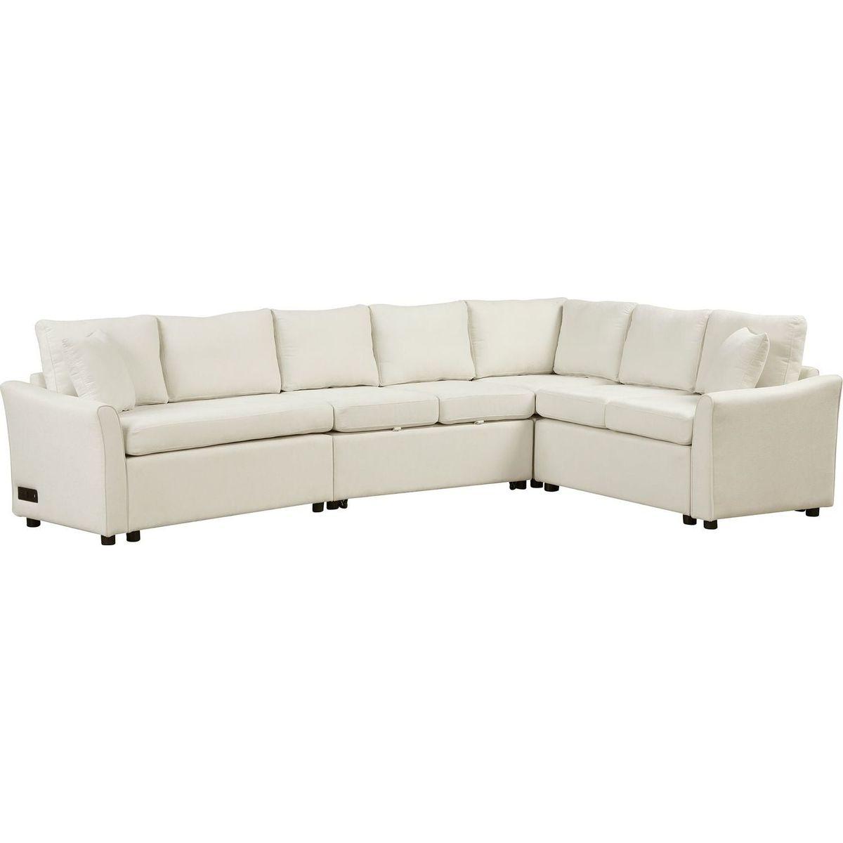 124.8"L-shaped Sofa Convertible Sofa Bed Pull Out Sofa Sleeper with Two Back Pillows, Two USB Ports and Two Power Sockets for Living Room, Beige