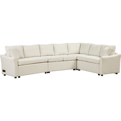 124.8"L-shaped Sofa Convertible Sofa Bed Pull Out Sofa Sleeper with Two Back Pillows, Two USB Ports and Two Power Sockets for Living Room, Beige