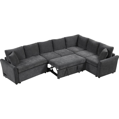 124.8"L-shaped Sofa Convertible Sofa Bed Pull Out Sofa Sleeper with Two Back Pillows, Two USB Ports and Two Power Sockets for Living Room, Gray
