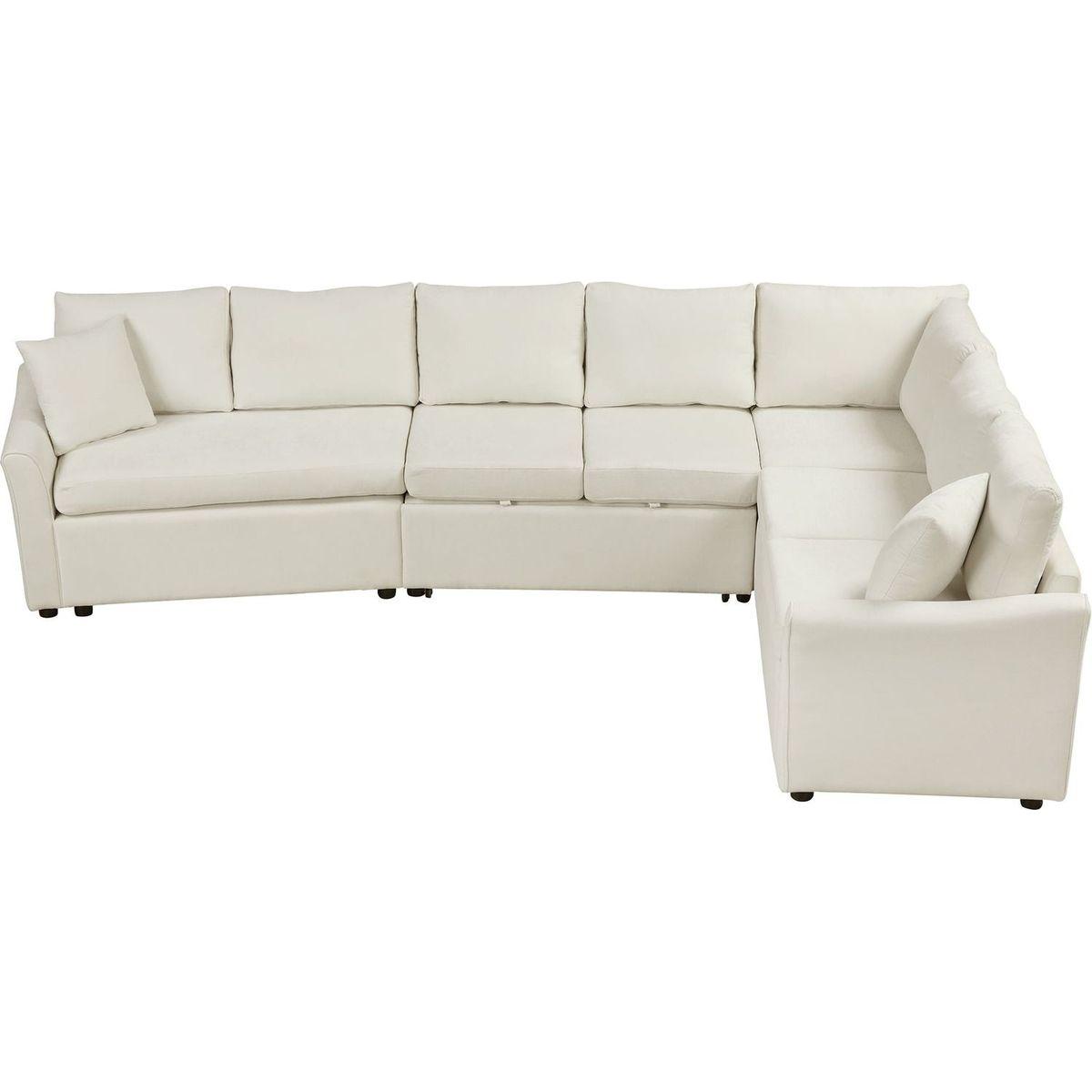 124.8"L-shaped Sofa Convertible Sofa Bed Pull Out Sofa Sleeper with Two Back Pillows, Two USB Ports and Two Power Sockets for Living Room, Beige